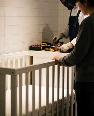 Un technicien et un père montent un lit blanc dans une pièce aux murs carrelés, avec des outils posés sur le lit.
