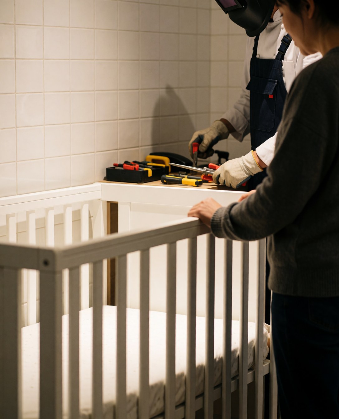 Un technicien et un père montent un lit blanc dans une pièce aux murs carrelés, avec des outils posés sur le lit.