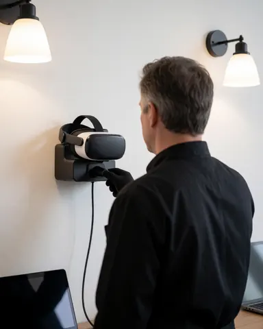 Un membre du personnel relie un casque de réalité virtuelle à un chargeur mural dans un centre de loisirs, éclairé par des appliques murales.