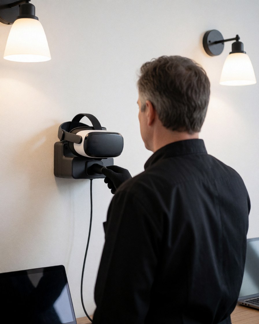 Un membre du personnel relie un casque de réalité virtuelle à un chargeur mural dans un centre de loisirs, éclairé par des appliques murales.