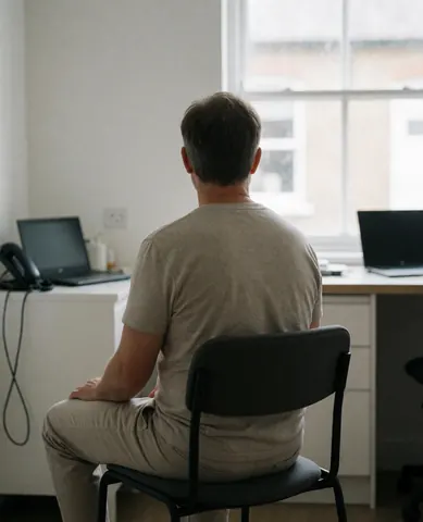 Vue arrière d'un client assis sur une chaise devant une fenêtre, avec un mur blanc en arrière-plan, créant une ambiance relaxante pour un traitement facial.