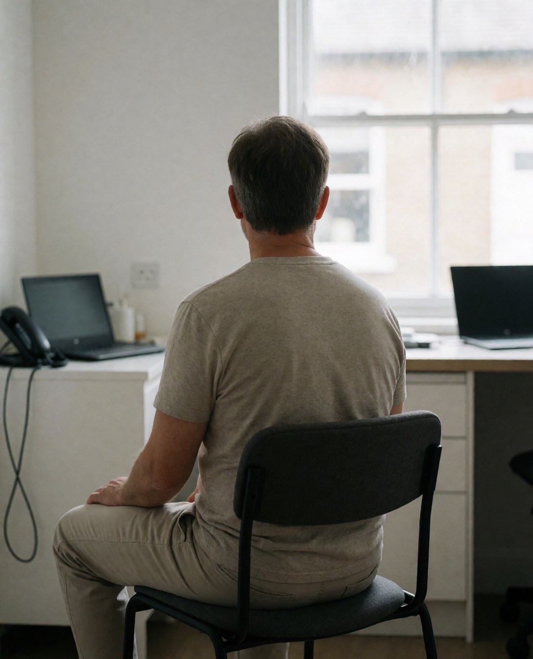 Vue arrière d'un client assis sur une chaise devant une fenêtre, avec un mur blanc en arrière-plan, créant une ambiance relaxante pour un traitement facial.