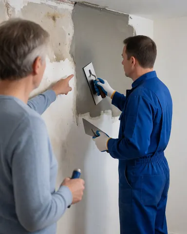 Un ouvrier en uniforme bleu applique un enduit d'étanchéité sur un mur humide avec une truelle tandis qu'un client observe et indique le travail.