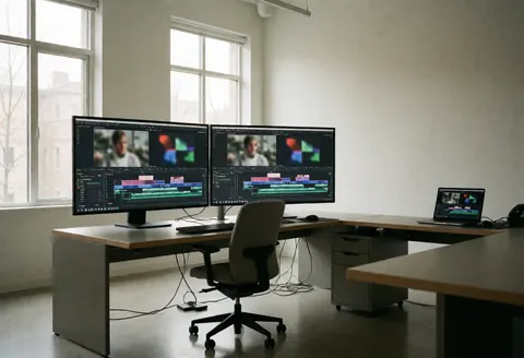 Espace de travail moderne pour montage vidéo, équipé de deux grands moniteurs, d'une chaise ergonomique et baigné de lumière naturelle.