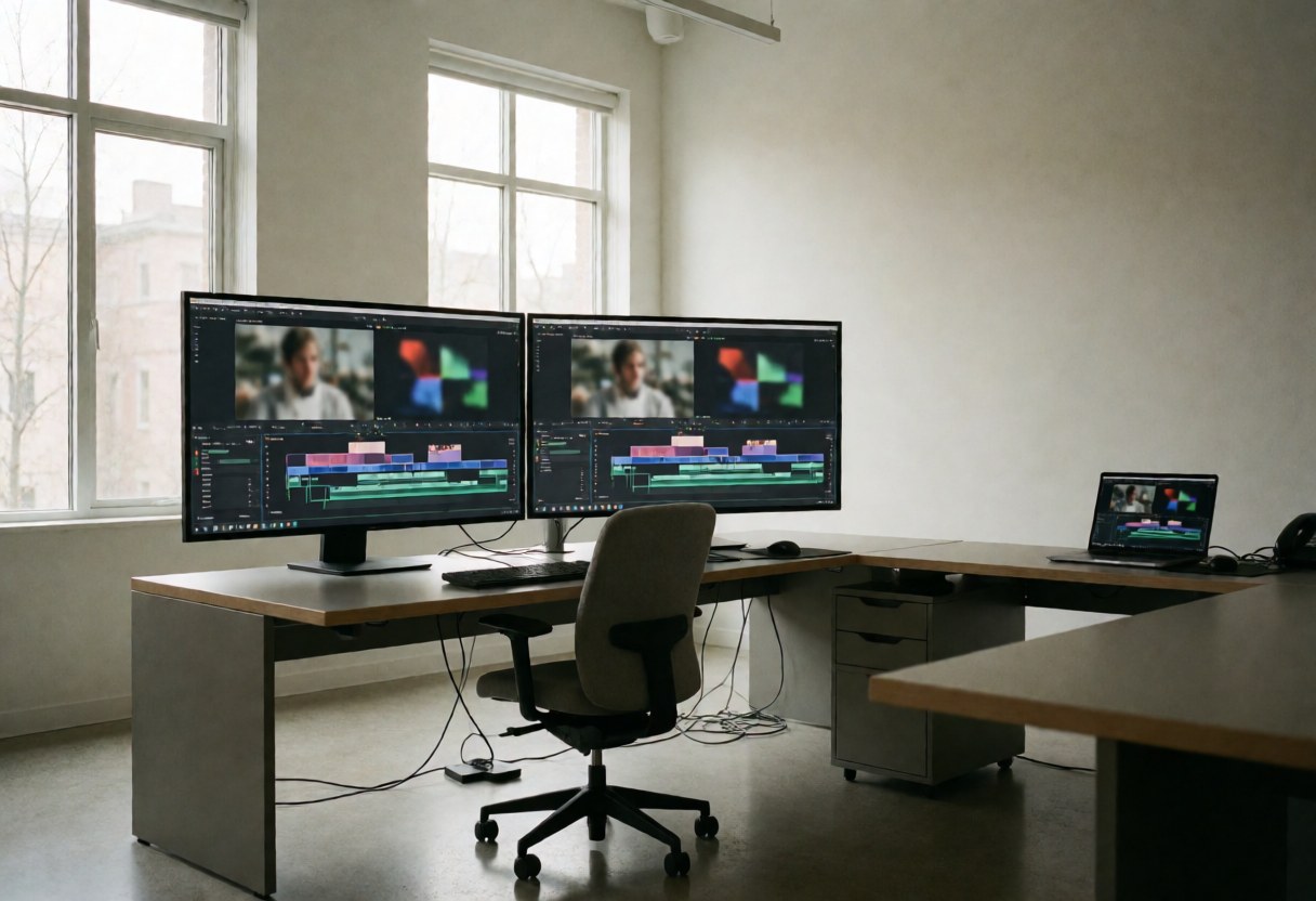 Espace de travail moderne pour montage vidéo, équipé de deux grands moniteurs, d'une chaise ergonomique et baigné de lumière naturelle.