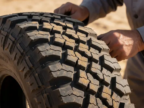 Pneu tout-terrain avec un motif de bande de roulement agressif, mains inspectant le pneu dans le sable, conception robuste pour les terrains difficiles.