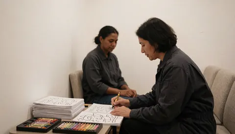 Deux adultes assis dessinent avec des crayons sur une table dans un zoo. Des livres de coloriage et des crayons sont posés sur la table, devant des murs blancs, dans un environnement calme.