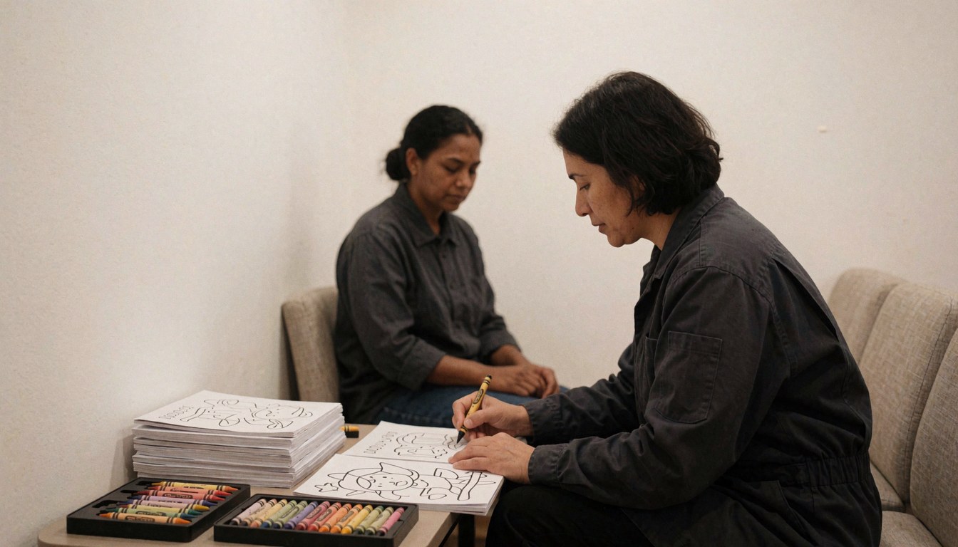 Deux adultes assis dessinent avec des crayons sur une table dans un zoo. Des livres de coloriage et des crayons sont posés sur la table, devant des murs blancs, dans un environnement calme.