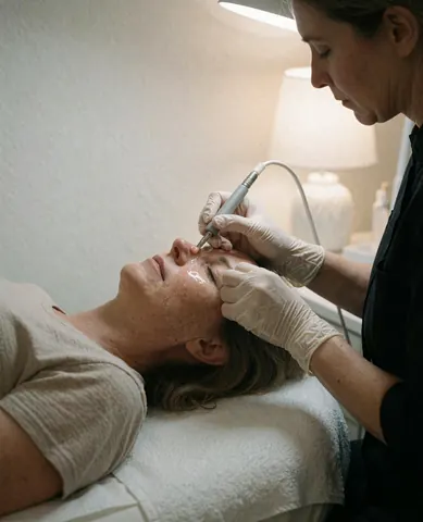 Une esthéticienne en gants utilise un outil pour extraire des impuretés du nez d'une cliente allongée sur une table de soin sous un éclairage professionnel.