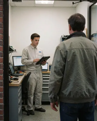 Technicien en uniforme tenant une tablette lors de l'assistance d'un client dans un atelier de réparation de batteries avec du matériel visible.