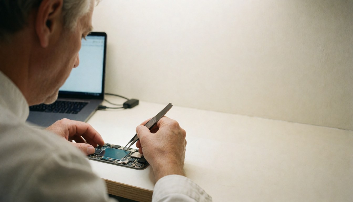 Technicien réparant un téléphone avec des pinces sur une table propre, fond blanc et espace pour texte