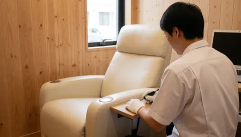 Technicien portant des gants ajuste un outil sur un fauteuil blanc dans un salon aux murs en bois et à la lumière naturelle.