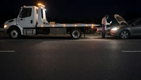 Un technicien examine une voiture au capot ouvert sur une route de nuit, éclairée par les feux du camion et du véhicule, avec de l'espace sur l'asphalte.