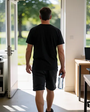 Un homme de dos marche vers une porte baignée de lumière naturelle, tenant une bouteille d'eau dans un intérieur moderne et épuré.