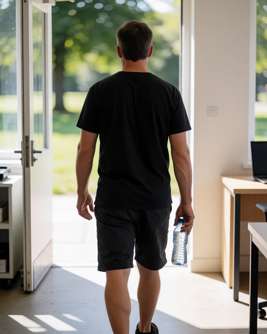 Un homme de dos marche vers une porte baignée de lumière naturelle, tenant une bouteille d'eau dans un intérieur moderne et épuré.
