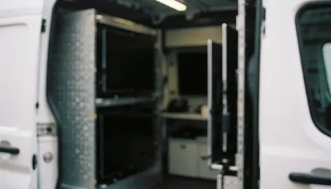 Vue intérieure d'un camion de réparation avec des téléviseurs rangés sur des étagères, fond flou pour texte sur la réparation d'appareils électroniques.
