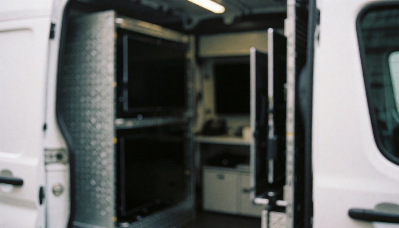 Vue intérieure d'un camion de réparation avec des téléviseurs rangés sur des étagères, fond flou pour texte sur la réparation d'appareils électroniques.