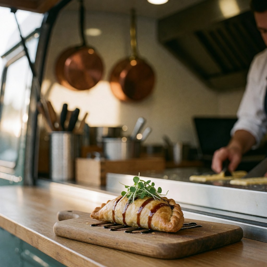 Empanada au fromage croustillante garnie de micro-pousses et de sirop balsamique posée sur une planche en bois à l'intérieur d'un food truck moderne avec des casseroles en cuivre suspendues.