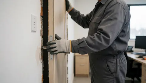 Un installateur professionnel fixe un cadre de porte dans une ouverture murale en utilisant des gants de protection et des outils de montage adaptés.