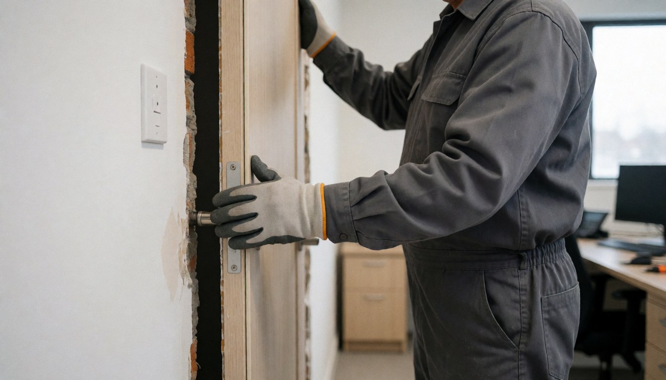 Un installateur professionnel fixe un cadre de porte dans une ouverture murale en utilisant des gants de protection et des outils de montage adaptés.