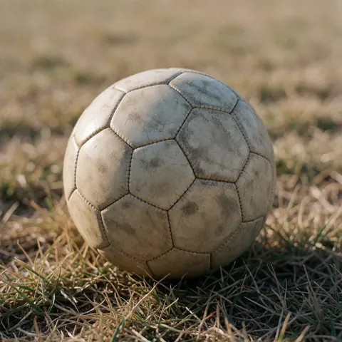 Une balle de football usée repose sur l'herbe sèche sous la lumière du coucher de soleil, idéale pour un entraîneur de football.