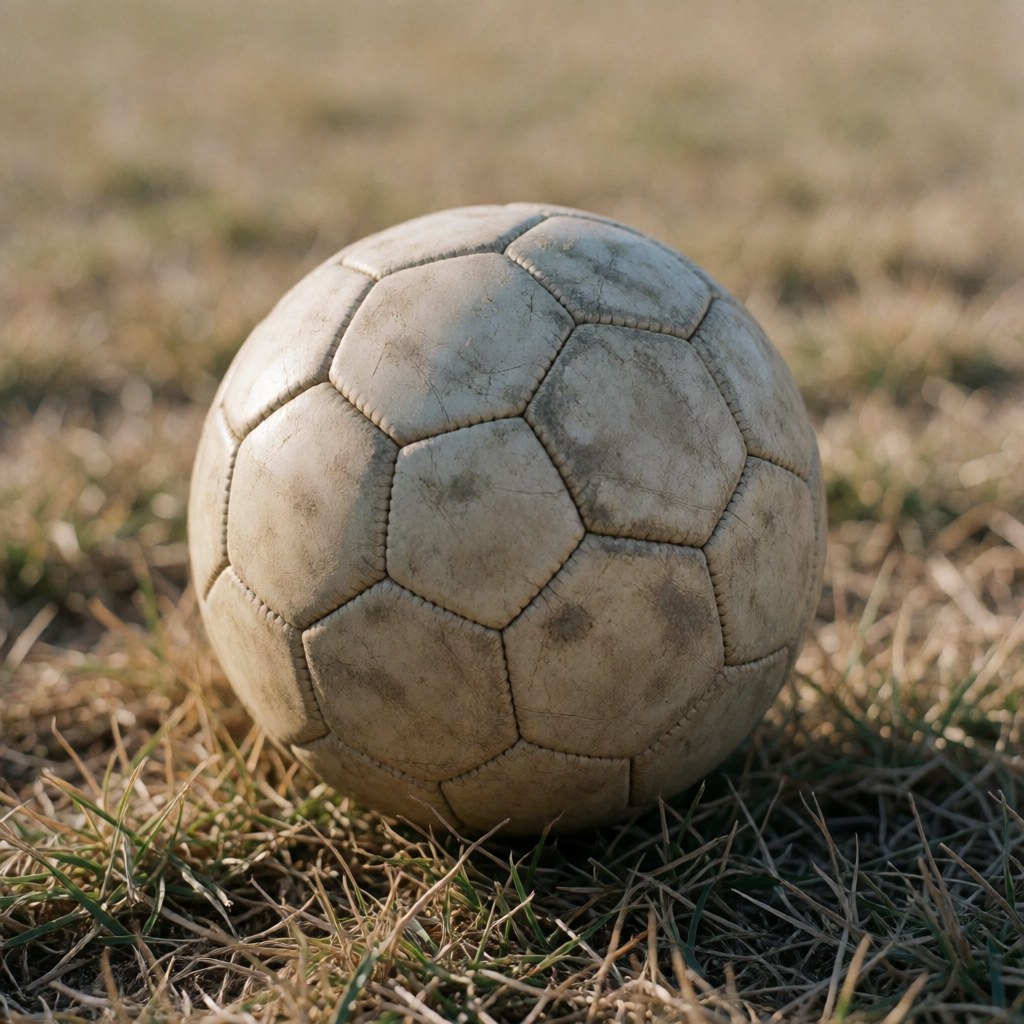 Une balle de football usée repose sur l'herbe sèche sous la lumière du coucher de soleil, idéale pour un entraîneur de football.
