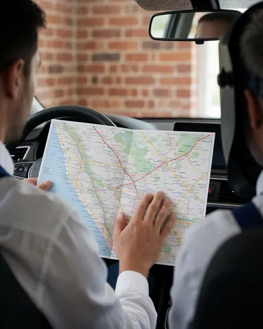 Un conducteur et son client examinent ensemble une carte routière papier à l'intérieur d'un véhicule, avec un mur en briques visible en arrière-plan.