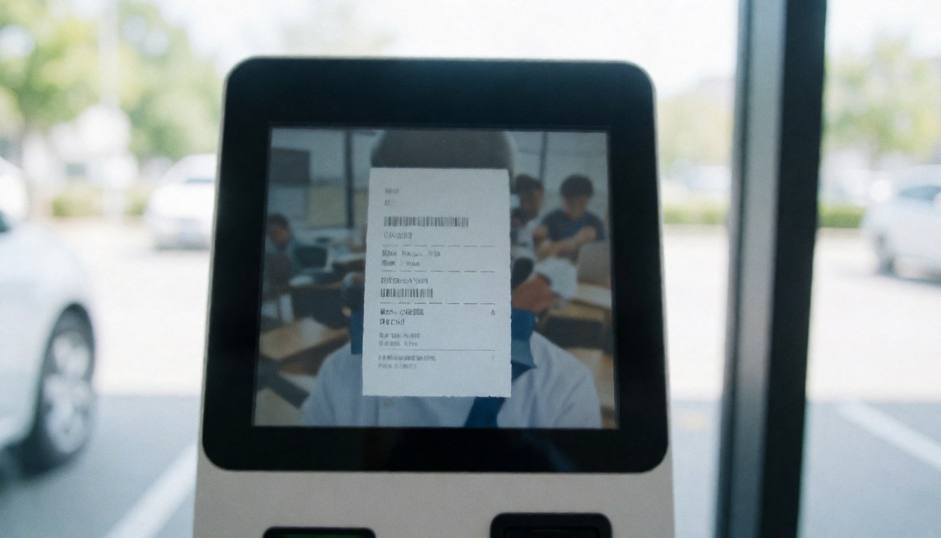 Kiosque de paiement numérique avec reçu visible sur écran, fond flou de voitures et espace pour texte publicitaire.