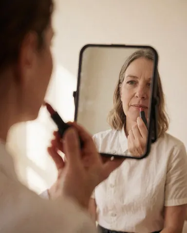 Une cliente applique du rouge à lèvres devant un miroir portable dans un intérieur aux murs blancs et à la lumière chaude, scène de maquillage professionnel.