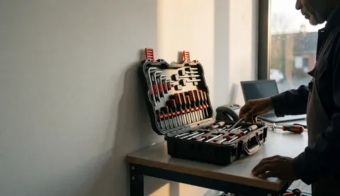 Un mécanicien sélectionne des outils de réparation sur une table de travail éclairée par la lumière naturelle, mettant en évidence son équipement professionnel.