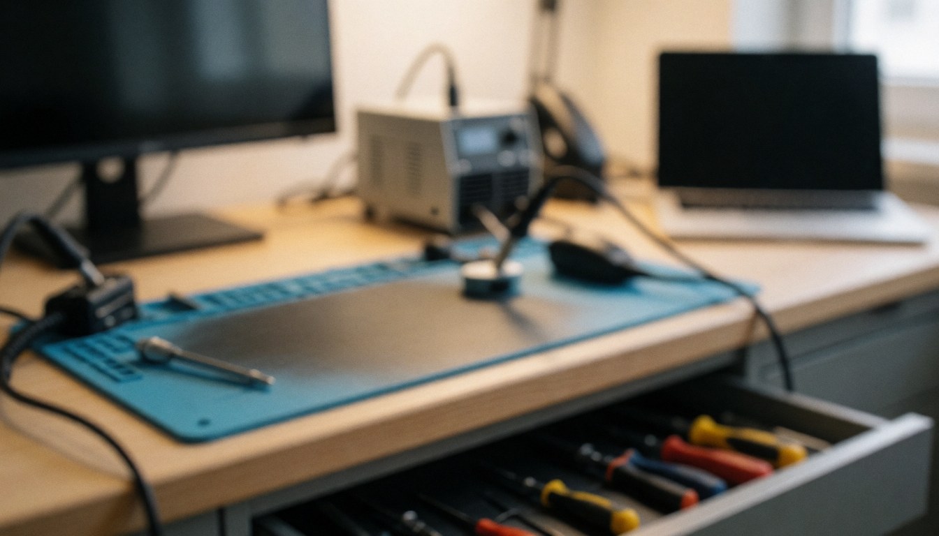 Bureau de travail technique équipé d'une station de soudure, d'un tapis antistatique et d'outils divers, adapté aux services de réparation d'appareils électroniques.