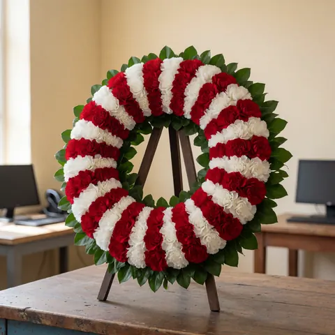 Couronne d'œillets rouges et blancs posée sur un support en bois, sur une table rustique avec un fond de mur beige, idéale pour une fleuristerie.