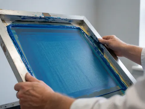 Gros plan de mains réglant un écran de tissage pour impression textile, avec de l'encre bleue visible sur un fond gris clair, illustrant un détail du processus de fabrication artisanal.