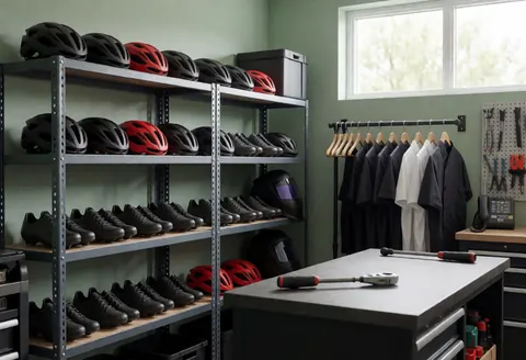 Intérieur d'un magasin de vélo avec casques et chaussures de carbone sur des étagères, outils et vêtements de travail suspendus, éclairé par la lumière naturelle.