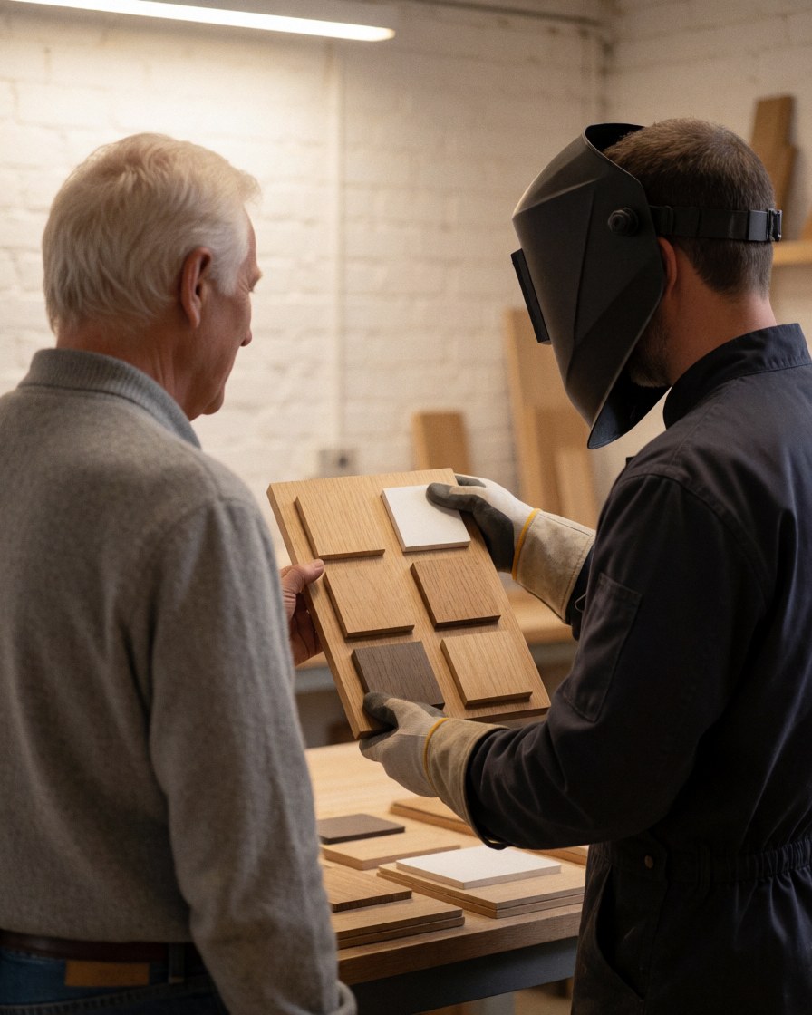 Un client observe des échantillons de bois avec un menuisier dans un atelier aux murs de briques blanches, discutant d'options pour des meubles sur mesure.