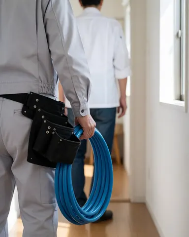 Plombier avec ceinture à outils transporte un tuyau PVC bleu dans un couloir résidentiel, client de dos, lumière naturelle.