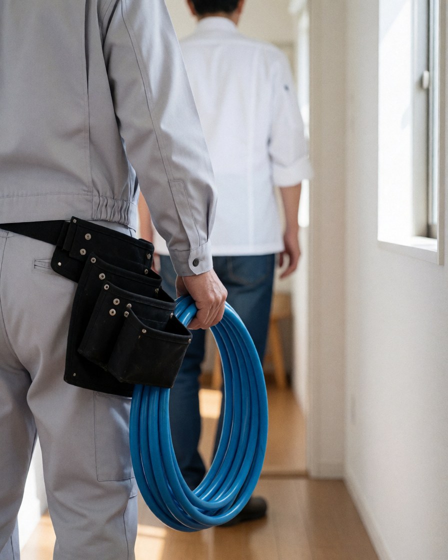 Plombier avec ceinture à outils transporte un tuyau PVC bleu dans un couloir résidentiel, client de dos, lumière naturelle.