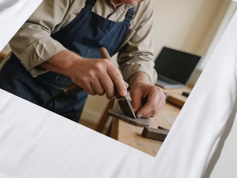 Gros plan d'une main d'artisan utilisant un outil sur une pièce de bois poli posée sur une table de travail dans un atelier.
