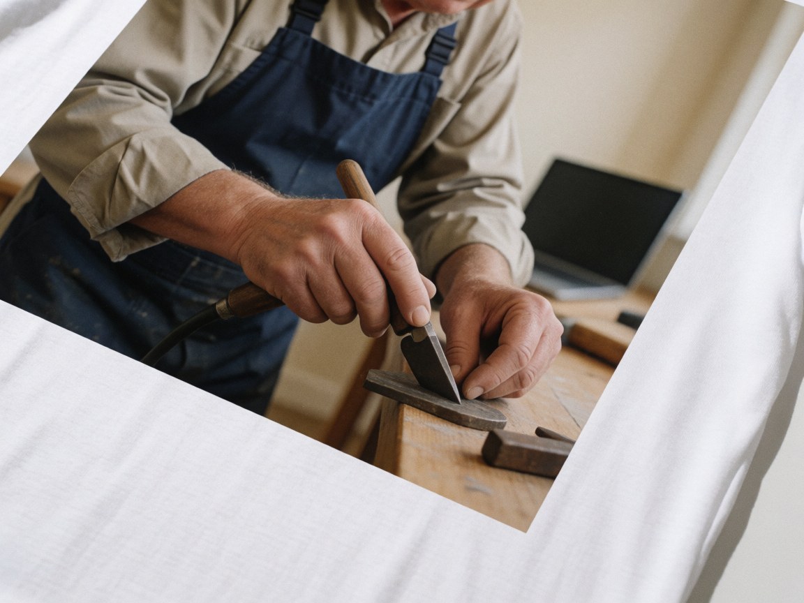 Gros plan d'une main d'artisan utilisant un outil sur une pièce de bois poli posée sur une table de travail dans un atelier.