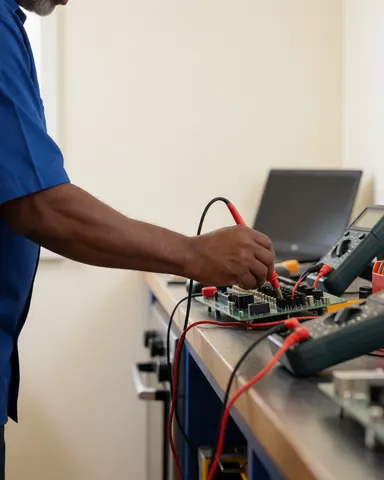 Un technicien utilise un multimètre pour mesurer un circuit dans un atelier de réparation d'équipements électroniques avec des murs blancs et des outils rangés.