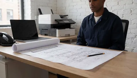 Un professionnel vérifie des plans sur une table en bois avec une règle et un crayon, dans un bureau avec imprimante et mur en briques blanches.
