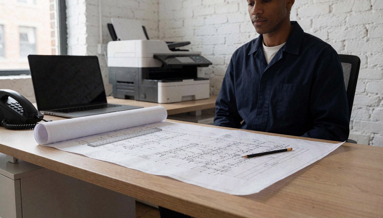 Un professionnel vérifie des plans sur une table en bois avec une règle et un crayon, dans un bureau avec imprimante et mur en briques blanches.