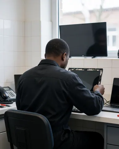 Un technicien répare et installe un nouvel écran d'ordinateur portable sur une table dans un bureau aux murs carrelés blancs.