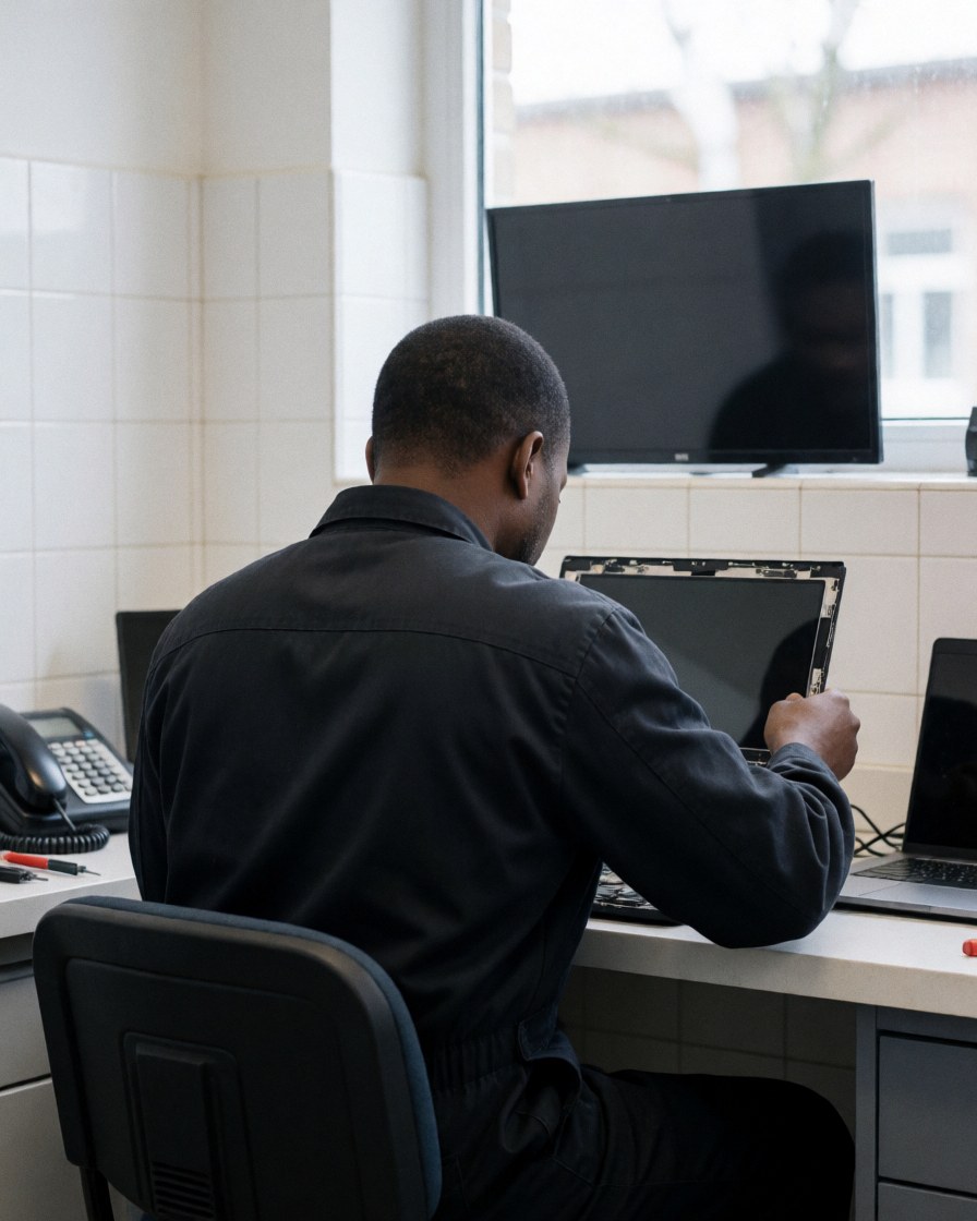 Un technicien répare et installe un nouvel écran d'ordinateur portable sur une table dans un bureau aux murs carrelés blancs.