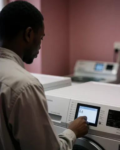 Un employé consulte le temps restant sur une machine à laver numérique dans une laverie aux murs roses, illustrant le service en cours.