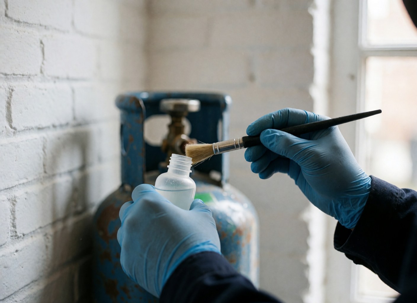 Des mains gantées utilisent un pinceau pour appliquer une solution de détection de fuites sur une connexion de gaz près d'un cylindre et d'un mur de briques blanches.