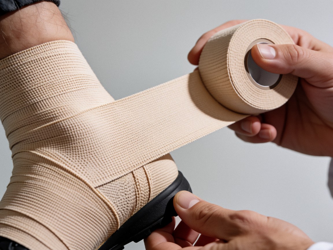 Main appliquant un bandage beige texturé sur la chaussure d'un athlète, montrant la technique et le détail du matériel sur fond neutre.