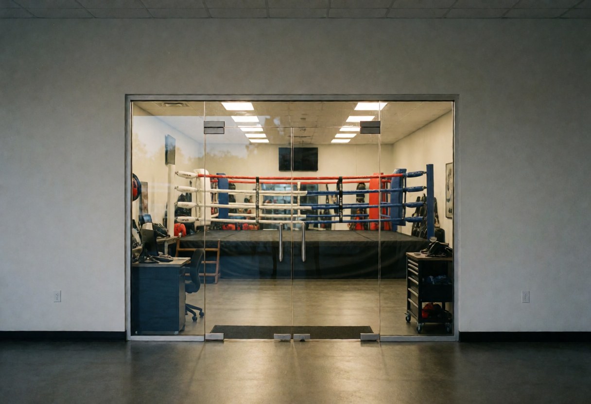 Entrée de gymnase de boxe avec ring, murs blancs et sol poli, idéal pour promouvoir le local.