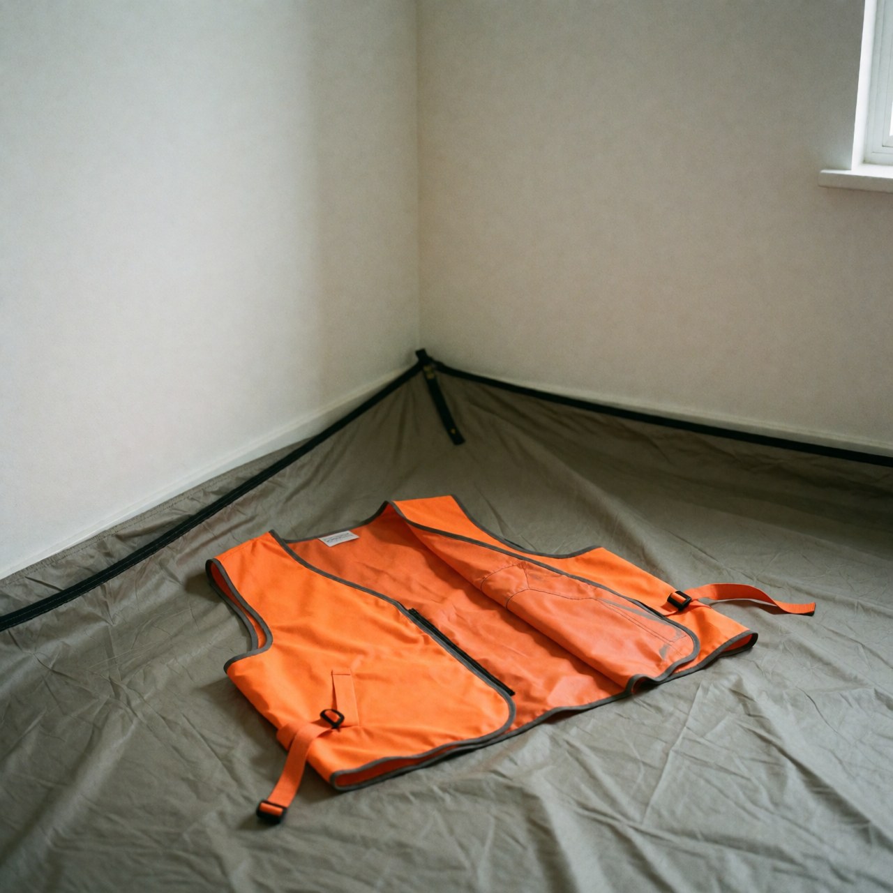 Gilet de sécurité orange ouvert posé sur un tissu gris à l'intérieur d'une tente aux parois blanches, évoquant l'univers du camping et la sécurité sur les terrains de camping.
