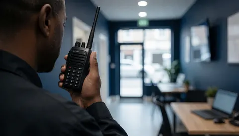 Agent de sécurité tenant une radio de communication dans un couloir commercial aux murs bleus, illustrant une équipe professionnelle en poste.